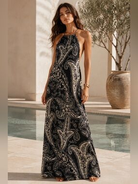Kith Black and Cream Paisley Halter Maxi Dress